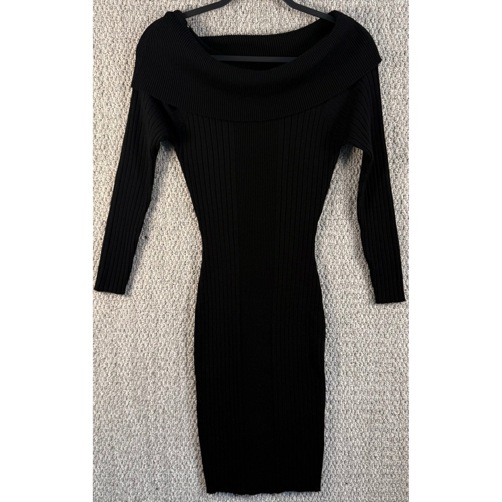 Charlotte Russe Off Shoulder Ribbed Bodycon Dress M Black Long Sleeve Midi Knit